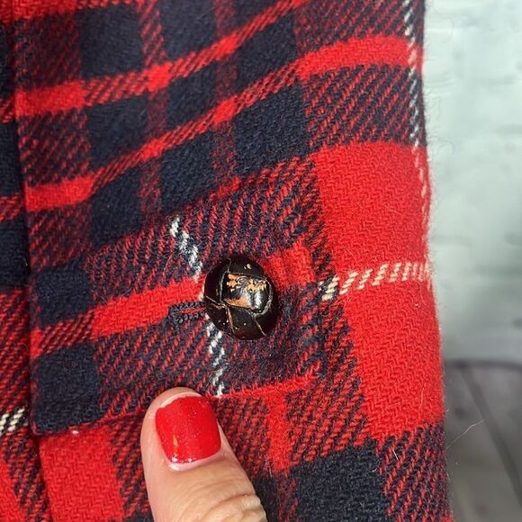 VINTAGE 50s Pendleton Tartan Plaid Faux Fur Collared Wool Car Coat red - Picture 6 of 14